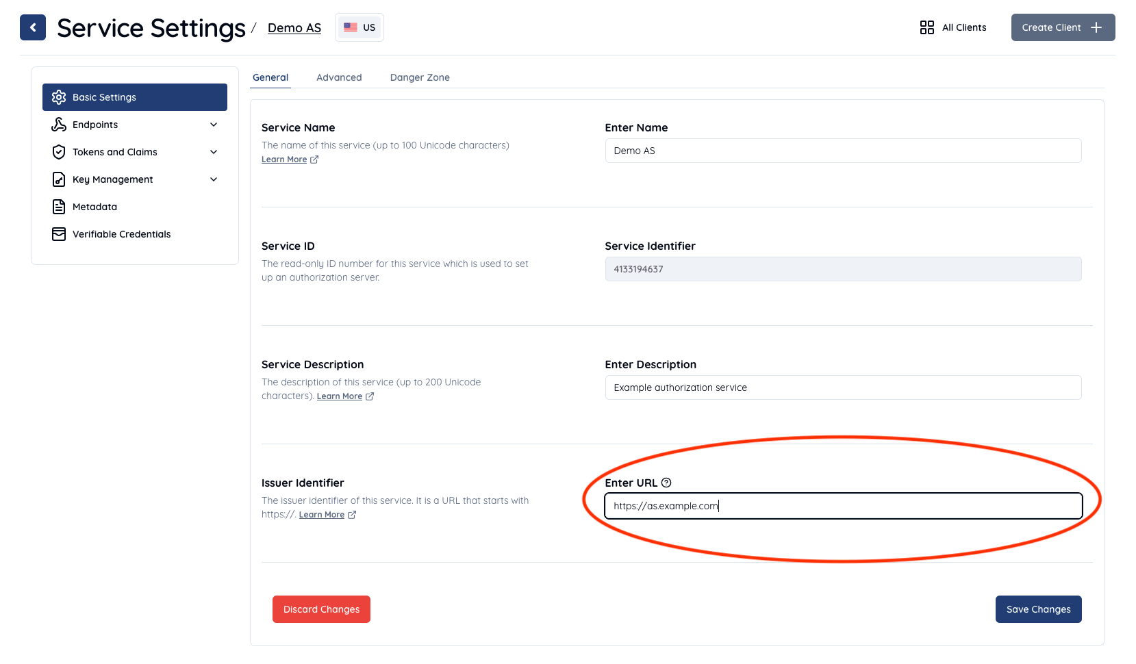 Authlete service settings with updated issuer identifier URL